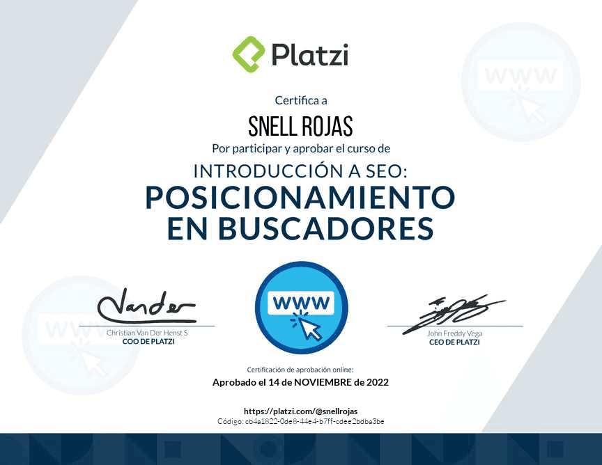 SEO course certificate issued to Snell Rojas