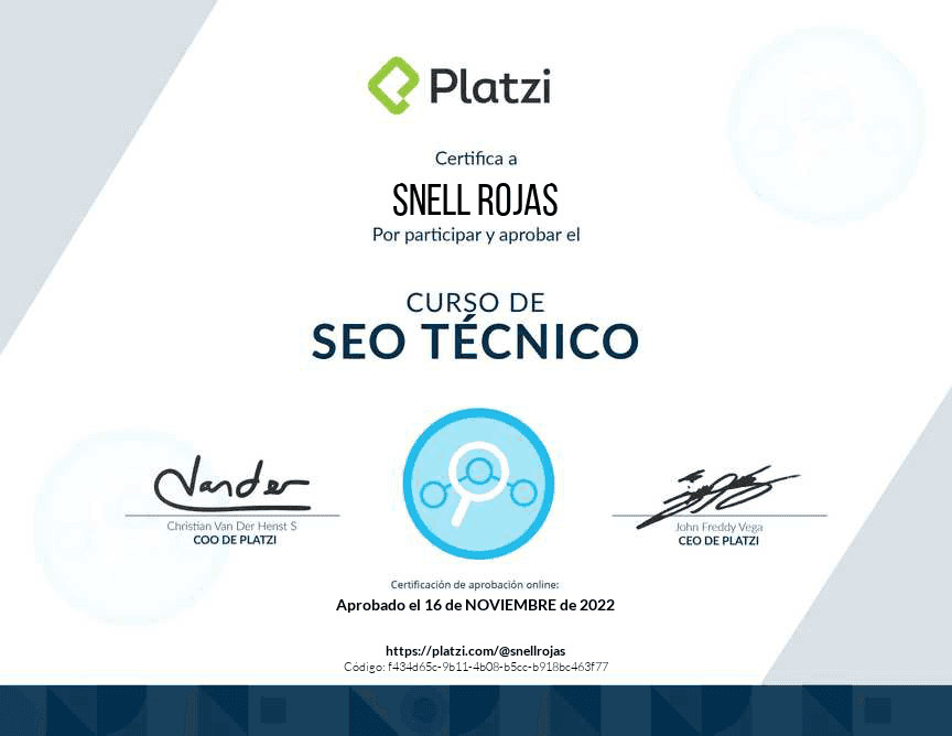Technical SEO certificate issued to Snell Rojas